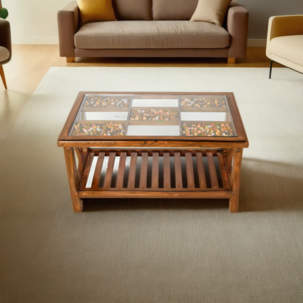 ENIDE Nistart Teak Wood Coffee Table with Glass Top.