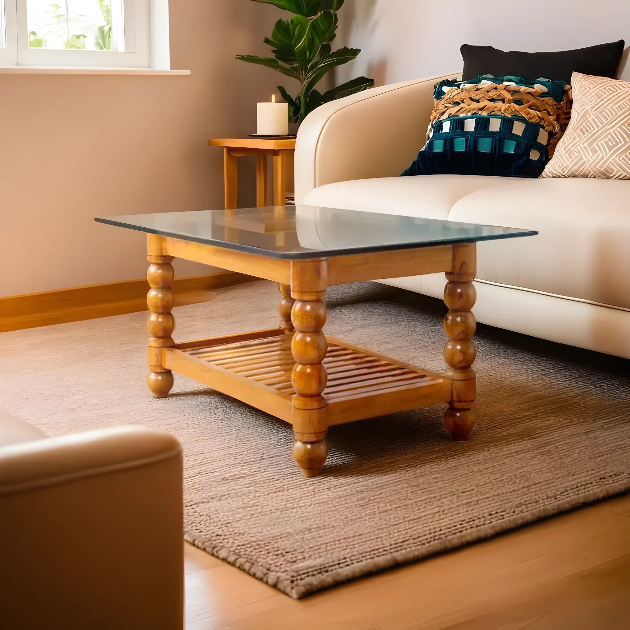 ROUND LEG OModern Rectangular Coffee Table with Teak Frame