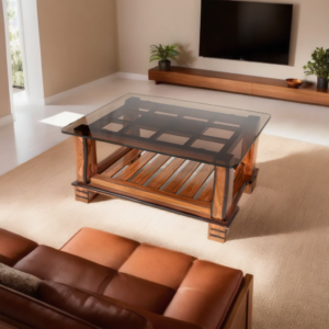 Stylish Coffee Table with Glass Top and Teak Wood Frame